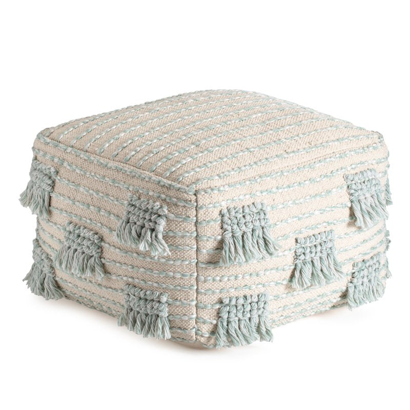 French 75 22x22x16 Inch Beige & Green Pouf - Versatile Accent Ottoman - Handmade