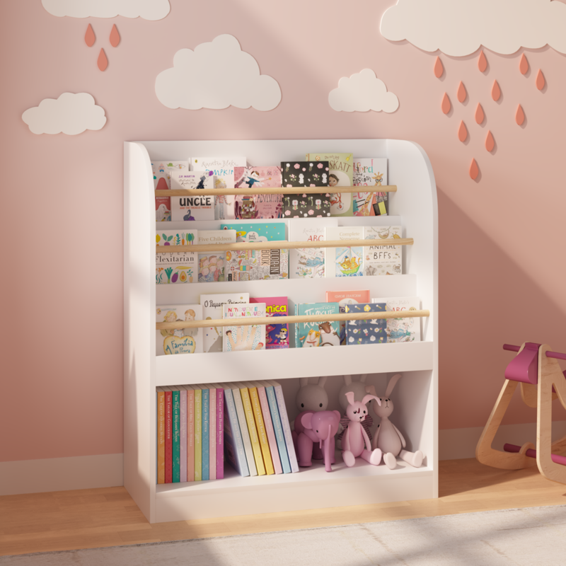 3-Tier Wooden Front-Facing Kids Bookshelf with Storage