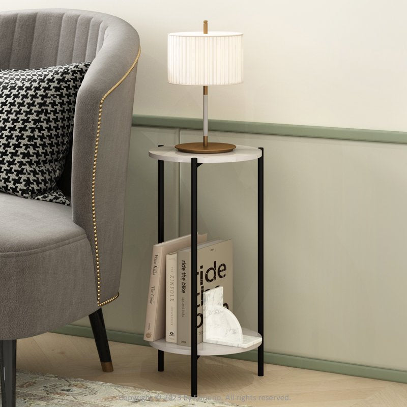 Modern Round Side End Table - 2-Tier with Sturdy Metal Legs, Marble White
