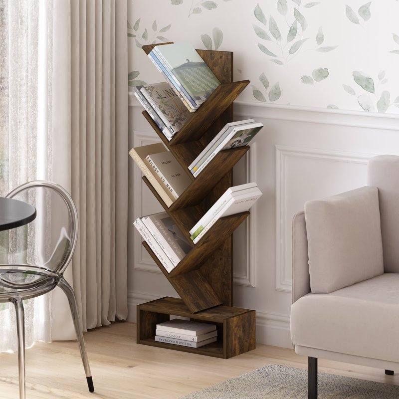 Tree Bookshelf - 7-Tier Floor Standing Bookcase with Amber Pine