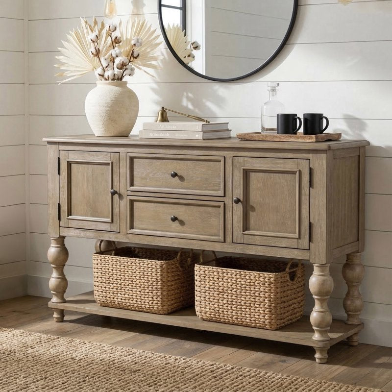 Modern Farmhouse Multi-Storage Server with Two Shelves - Light Washed White