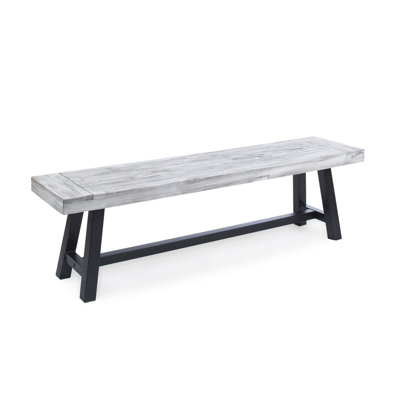 Outdoor Acacia Wood Bench - Sandblasted Light Gray/Black Rustic Metal