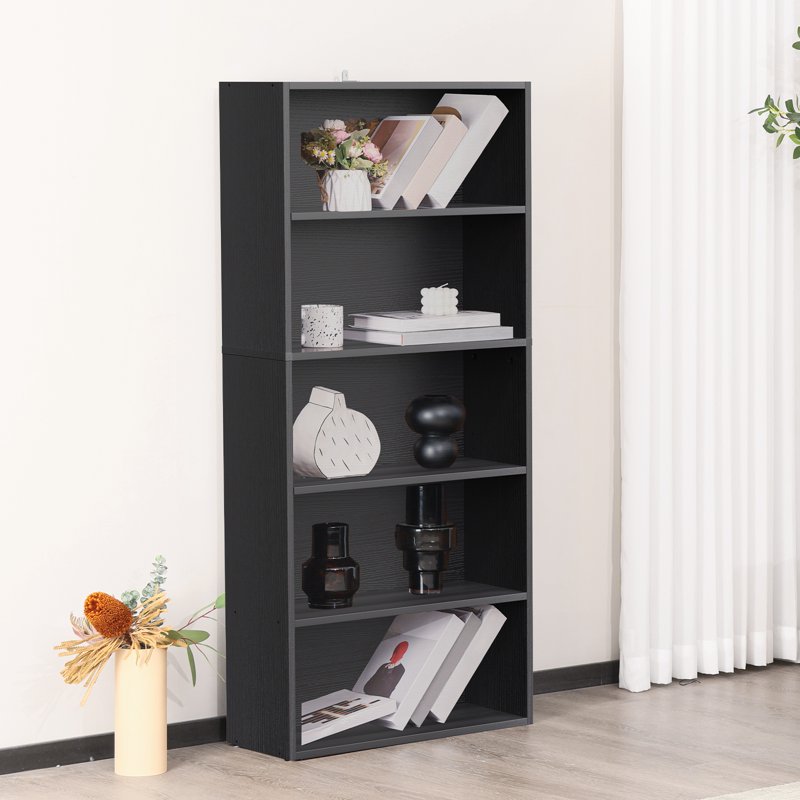 5-Tier Wooden Bookcase with Adjustable Shelves - Black