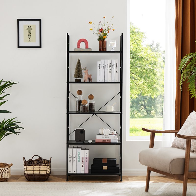 5-Tier Wooden Bookshelf with Adjustable Feet - Metal Frame, Waterproof Shelves