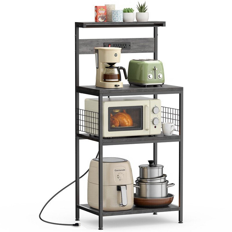 Baker’s Rack with Power Outlet - 4-Tier Kitchen Organizer, 23.6" x 15.7", Gray