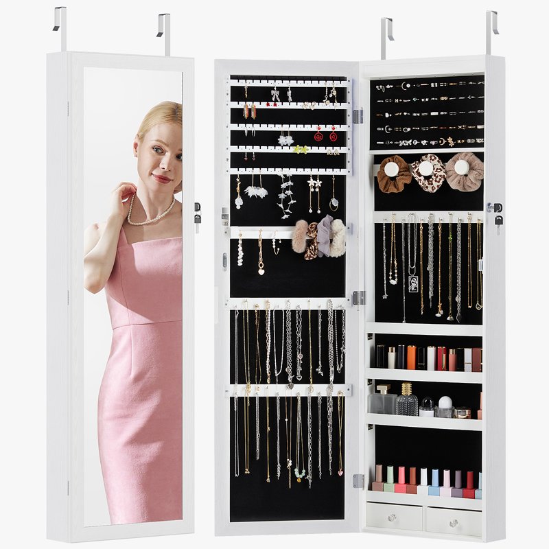 Full-Length Mirror Jewelry Cabinet with LED Lights - Wall-Mounted