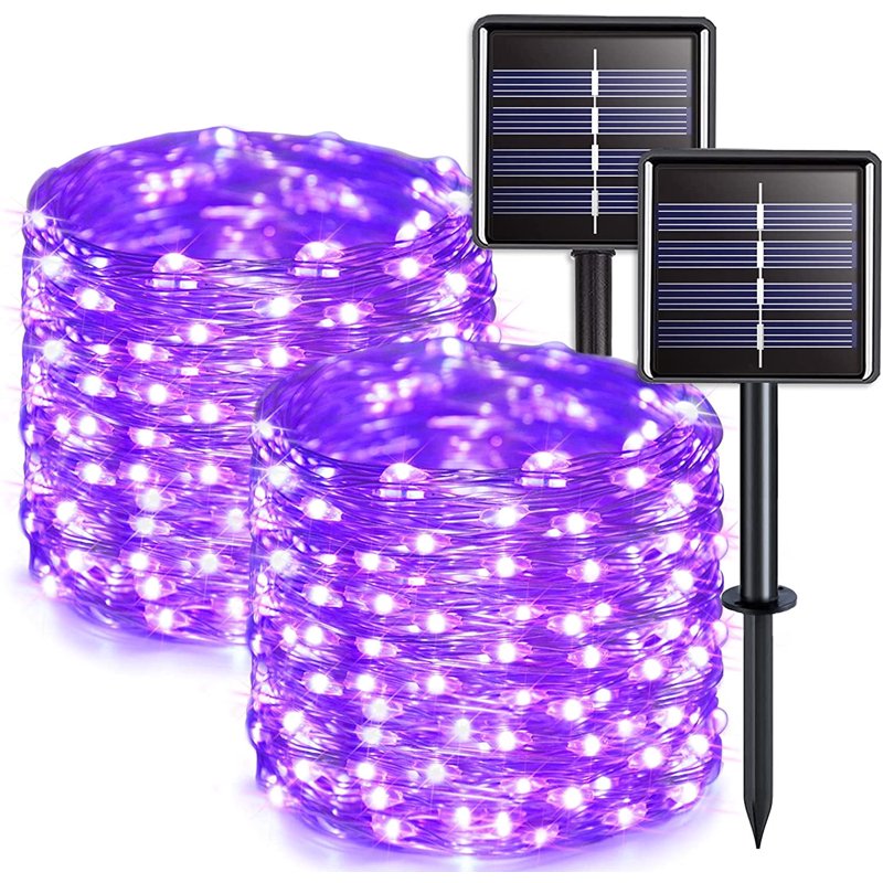 Solar String Lights Outdoor Purple 33ft 100 LED Fairy Lights 8 Modes Waterproof - 2 Pack