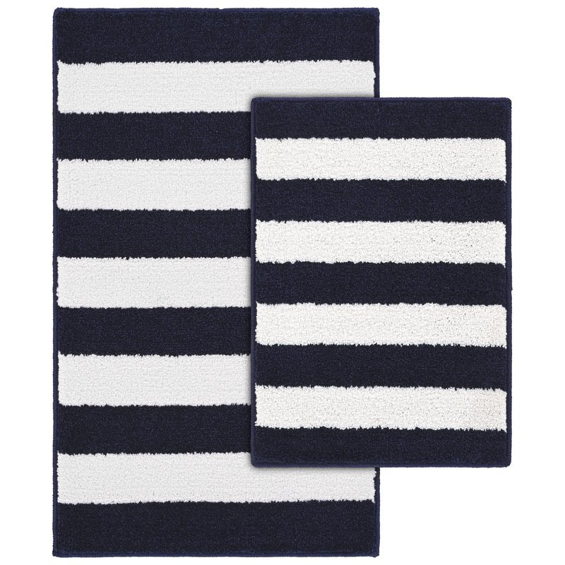 Beach Stripe Washable Bath Rug Set - 2 Piece, Navy & White, Non-Slip Backing