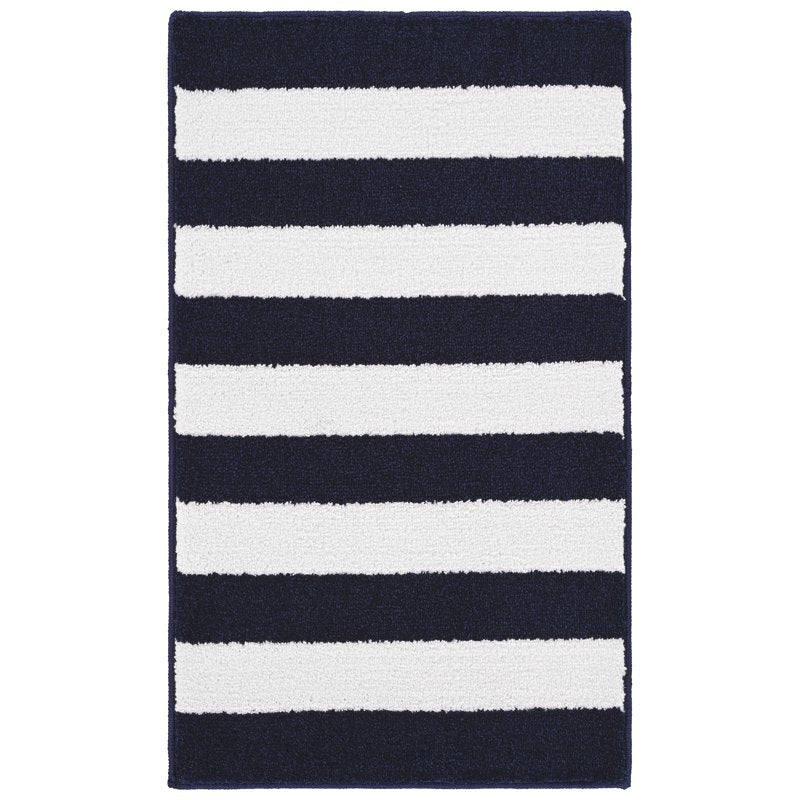 Beach Stripe Washable Bathroom Rug - Navy & White, 21 x 34 Inches - Rectangular