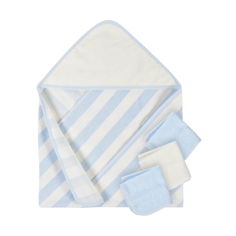 Unisex Baby Hooded Terry Velour Bath Towel & Washcloths Set - Blue, 4 Pieces