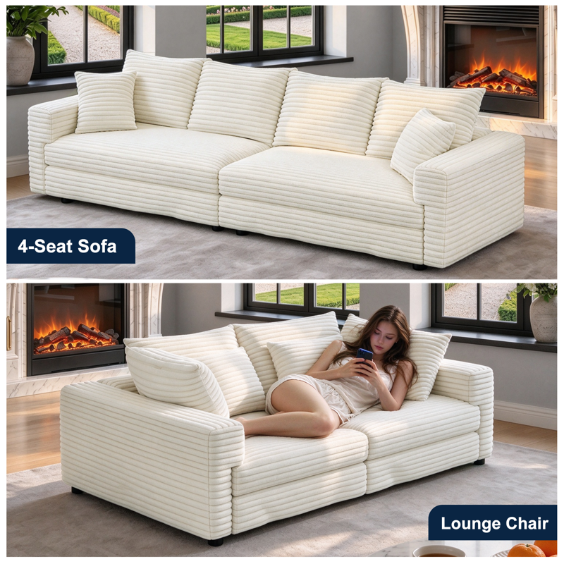 104.3-Inch Plush Corduroy 4-Seat Sofa - Cloud-Like Comfort