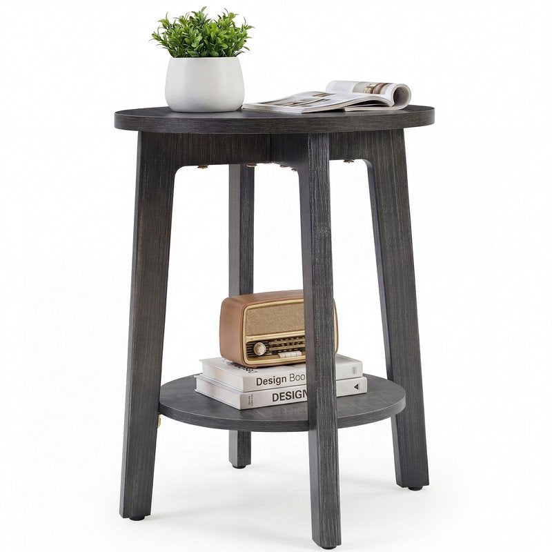 2-Tier Round Side Table with Tapered Legs - Gray
