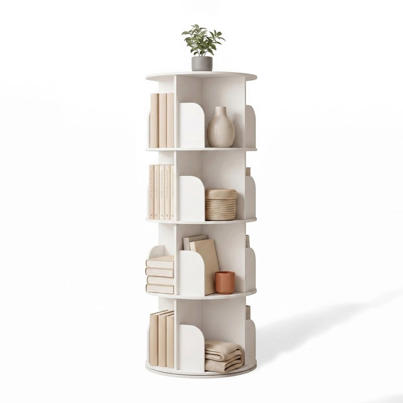 360° Rotating Bookshelf - 4 Tier White Bookcase Storage Rack