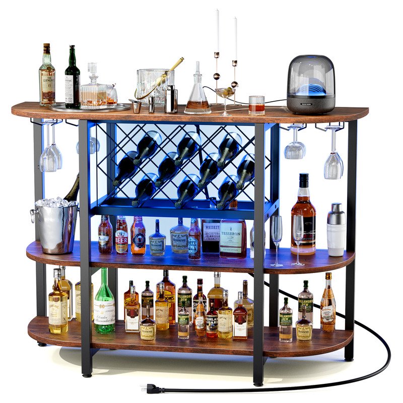 Rustic Brown Bar Cart with Charging Station & LED Lighting