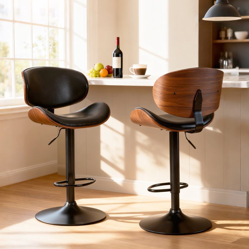 Adjustable Swivel Bar Stool - Brown PU Leather, Bentwood Design