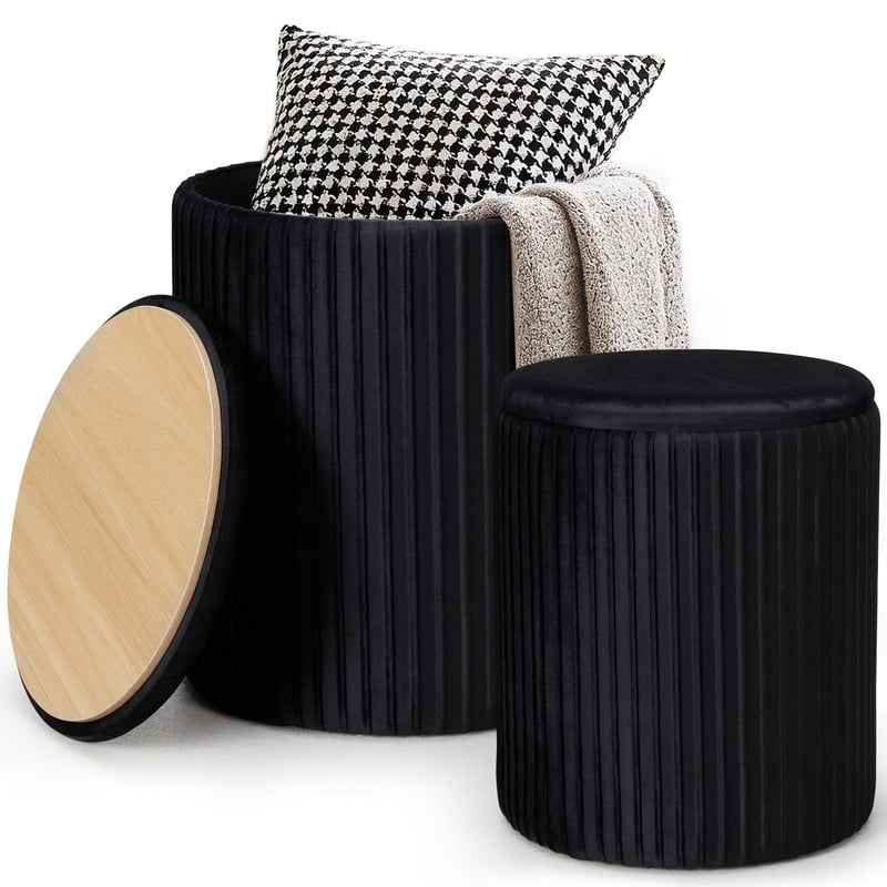 Round Ottoman Set of 2 with Reversible Seats and Storage - Black