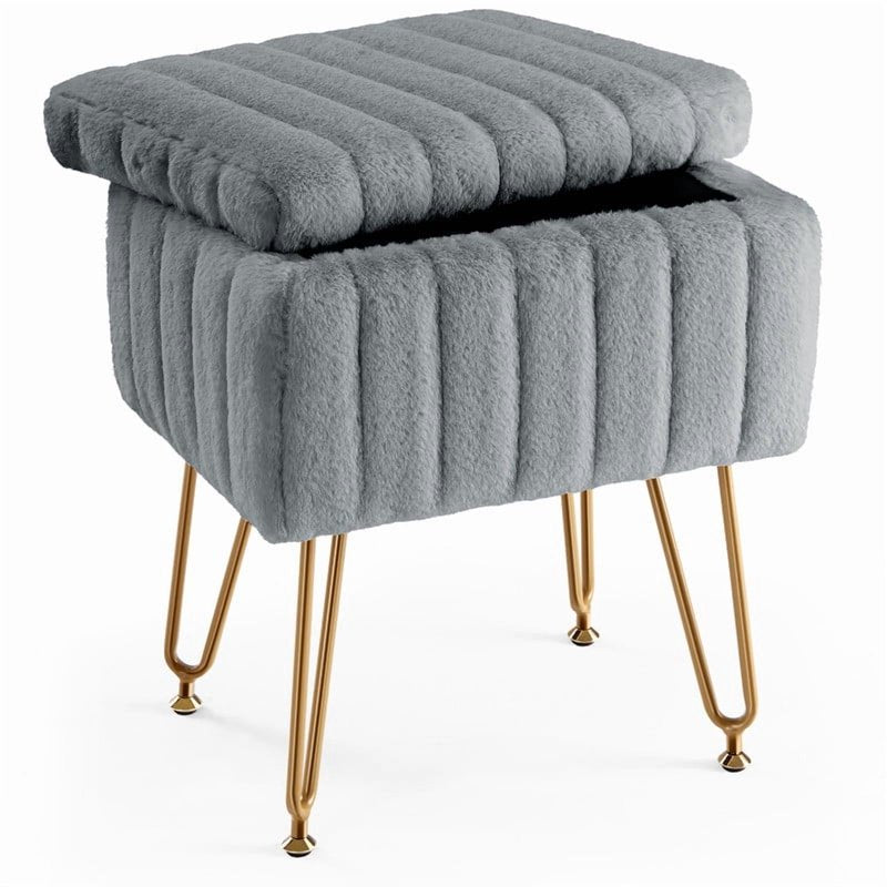 Vanity Stool Chair with Storage - Grey Faux Fur Seat