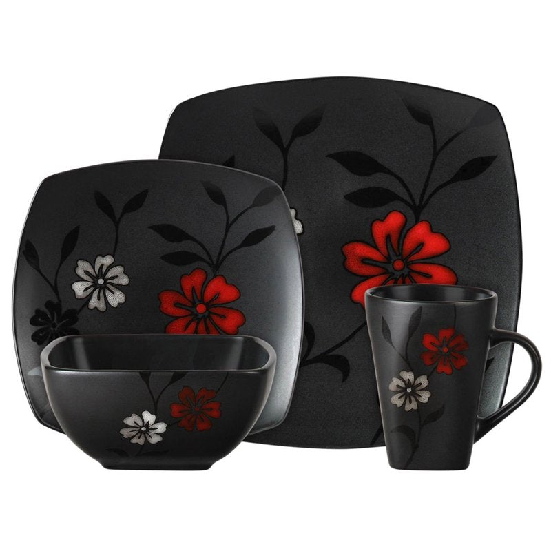 16-Piece Evening Blossom Dinnerware Set - Black Stoneware