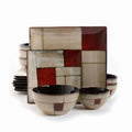 16-Piece Double Bowl Dinnerware Set in Taupe & Red