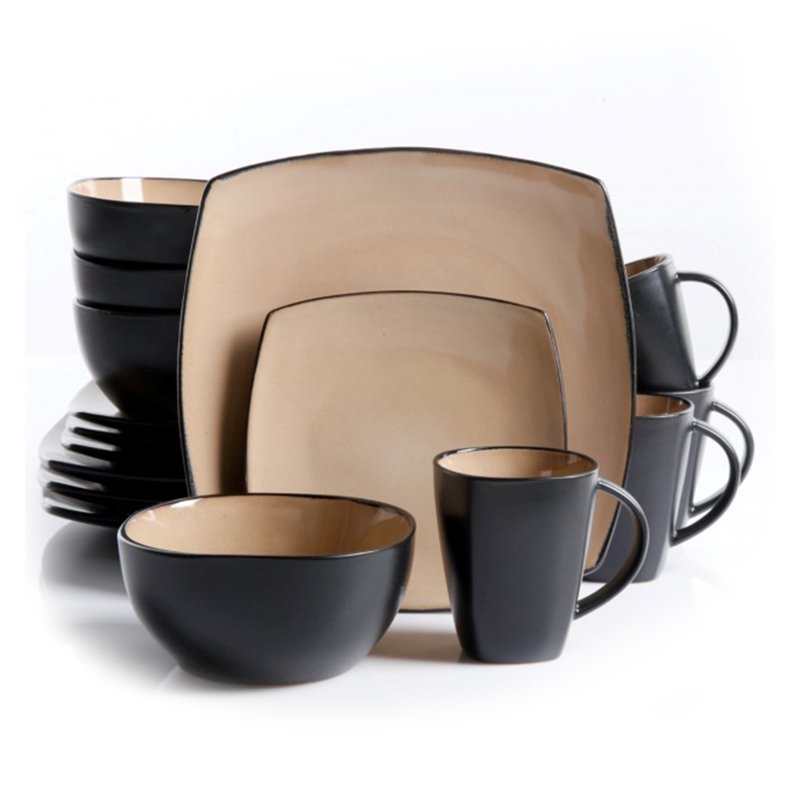 16-Piece Square Stoneware Dinnerware Set - Black & Taupe