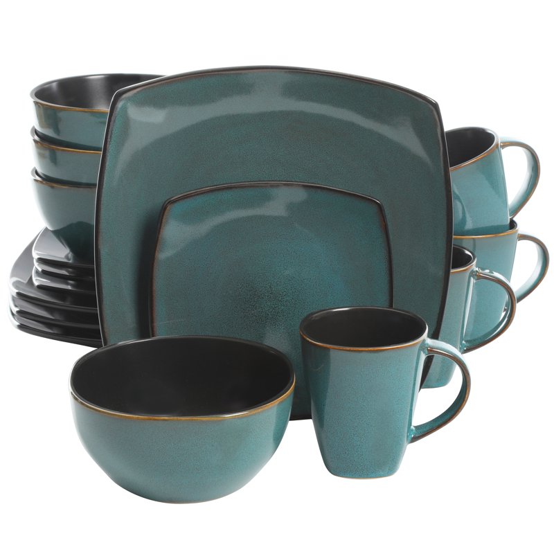Square Stoneware Dinnerware Set - 16 Piece - Teal