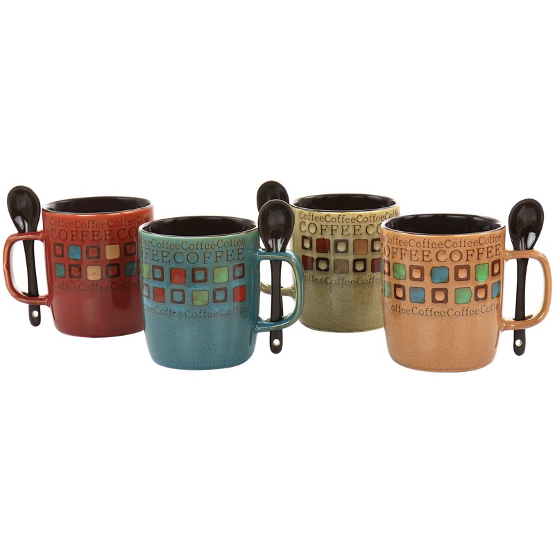 Ceramic Coffee Mug Set with Spoons - 8-Piece, 13 Oz