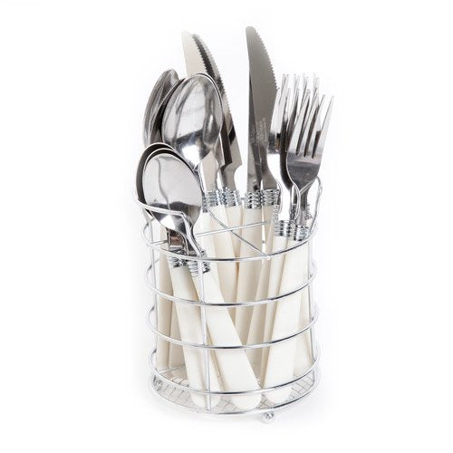 16-Piece Stainless Steel Flatware Set with White Handles & Caddy