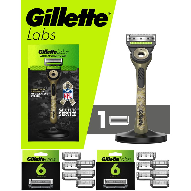 5-Blade Manual Razor Bundle with 12 Cartridge Refills - Green Camo