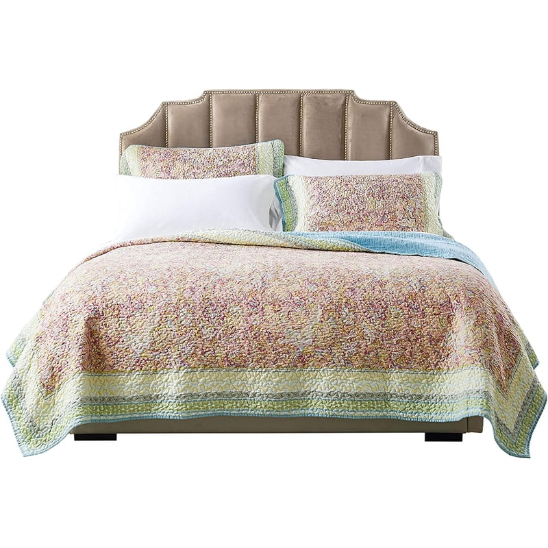 Reversible Quilt Set - Contemporary Floral Twin/Twin XL Bedding with Sham - Blue & Green