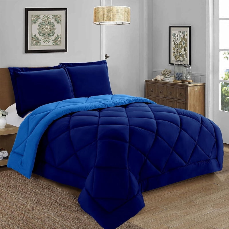 All Seasons Reversible 3-Piece Comforter Set with Pillow Shams - Full/Queen Navy Aqua
