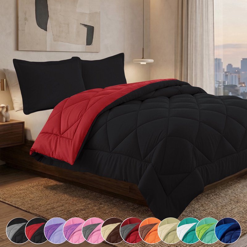 Reversible Down Alternative Comforter Set - King, Microfiber, All-Season Bedding, Black & Burgundy