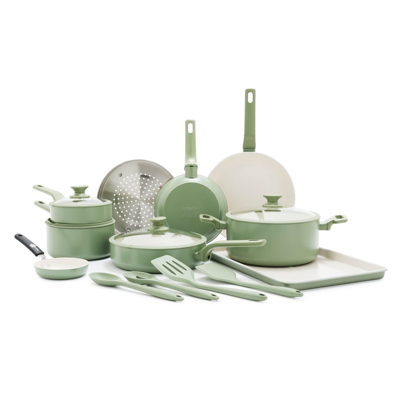 17-Piece Ceramic Nonstick Cookware Set - Sage Green