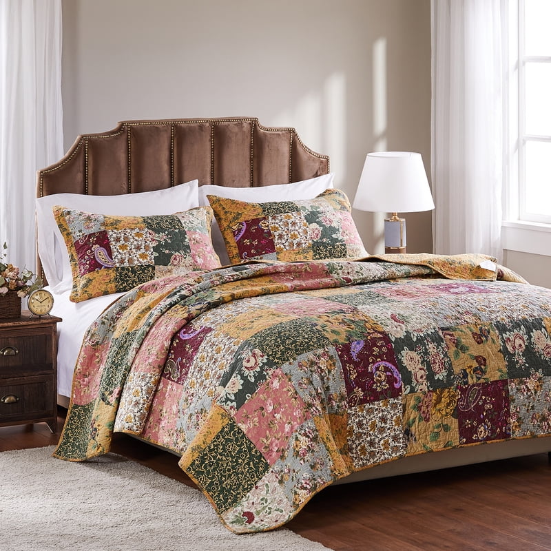 King Size Patchwork Quilt Set - Antique Chic 100% Cotton Bedding with Shams & Decorative Pillows