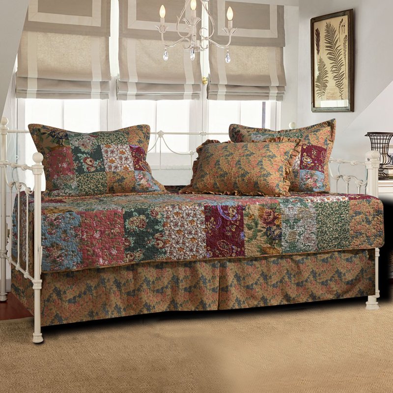 Antique Patchwork Cotton Daybed Set with Quilt and Shams - 5 Pieces