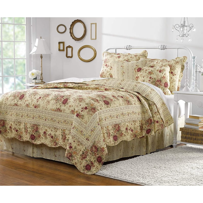 Full/Queen Antique Rose Reversible Cotton Quilt Set with Decorative Pillows - Ecru