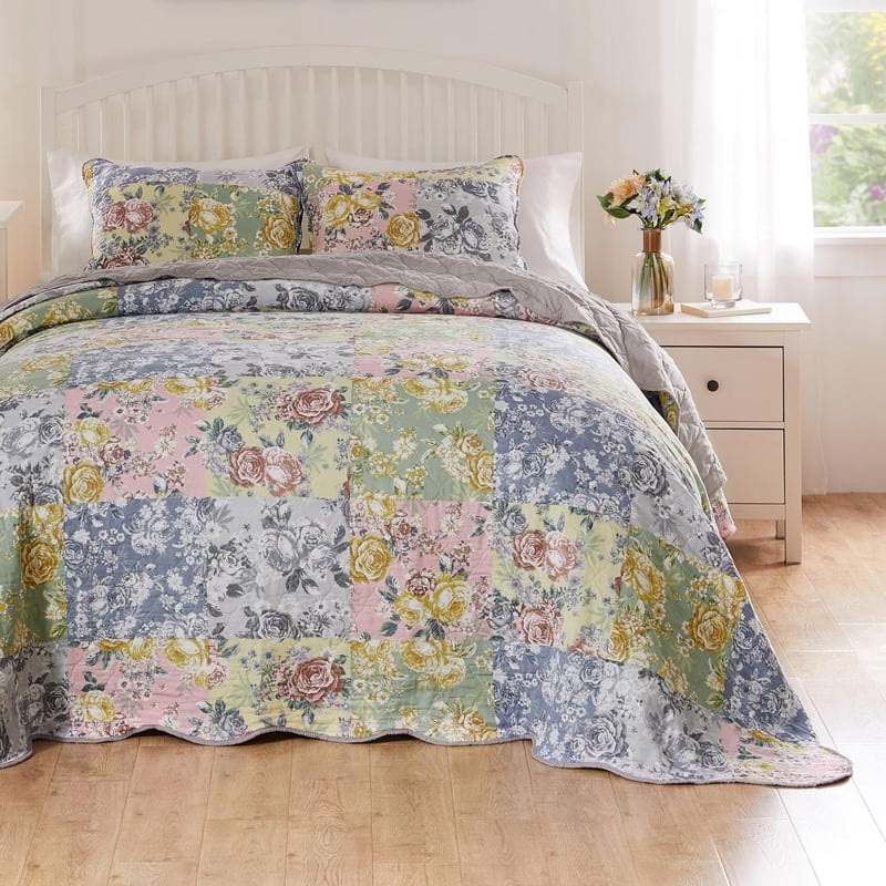 King Floral Quilt Bedspread Set with Pillow Shams - Gray Cotton Cover