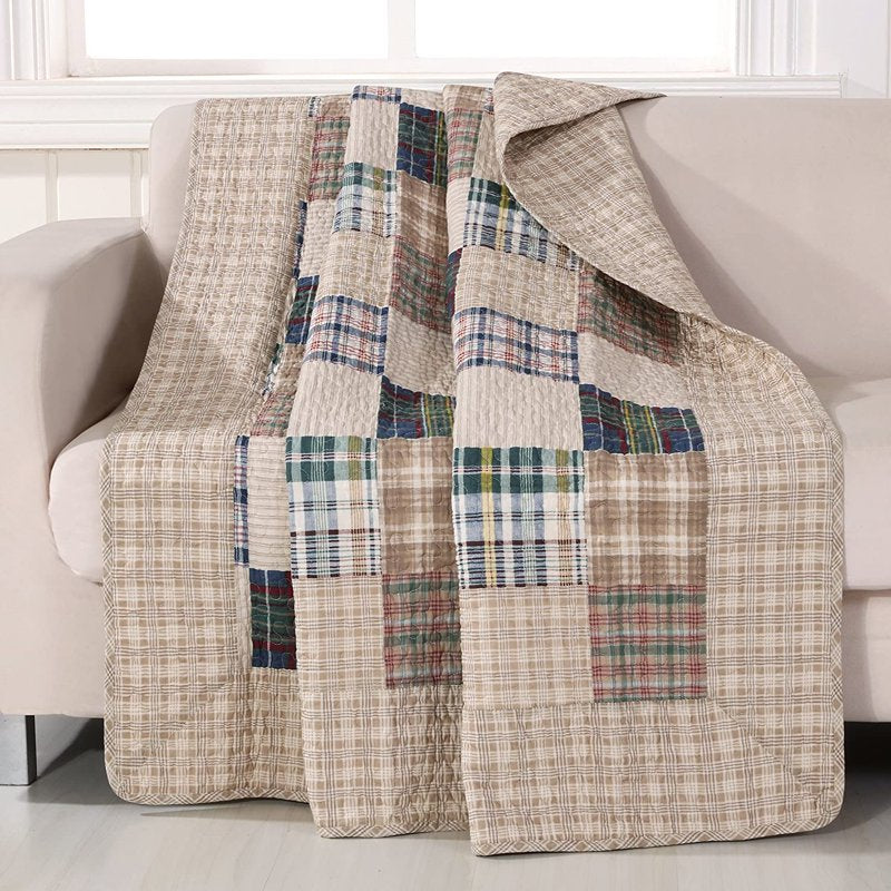 Reversible Cotton Throw Quilt 50x60 inch - Taupe, Oxford Collection