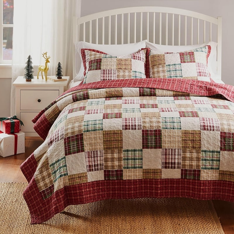 Twin-XL Greenlaand Home Fashions Oxford Cotton Quilt Set - Reversible, Red Plaid