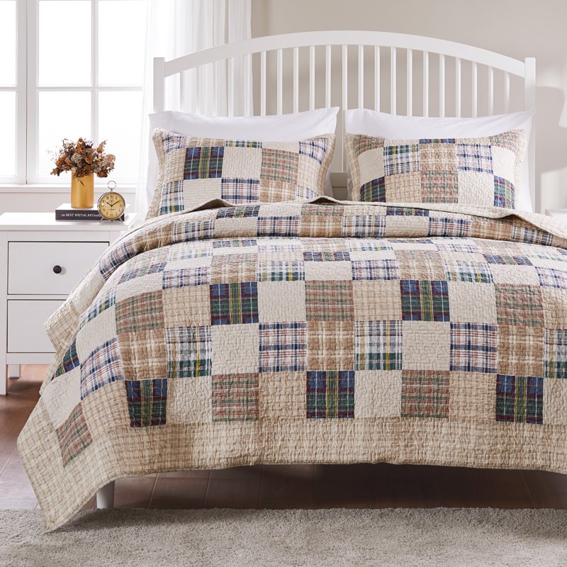 Twin XL Reversible Cotton Quilt Set - Taupe, Oxford Plaid Pattern