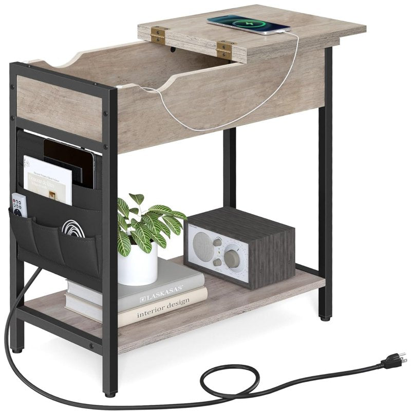 Industrial Side Table with Charging Station & Fabric Storage - Greige