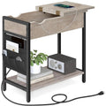 Industrial Side Table with Charging Station & Fabric Storage - Greige