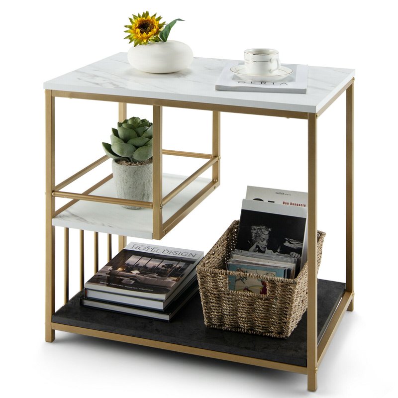 3-Tier Side Table with Open Storage - White & Gold