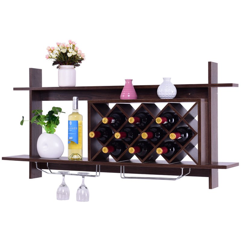 Wall Mount Wine Rack with Glass Holder & Storage Shelf - Black Walnut