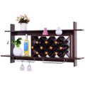Wall Mount Wine Rack with Glass Holder & Storage Shelf - Black Walnut