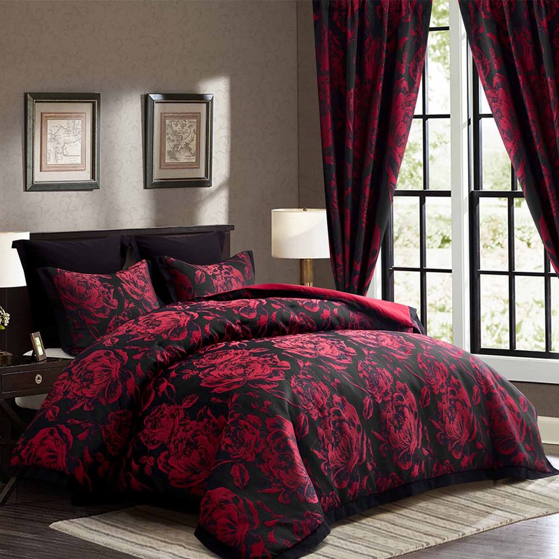 King Burgundy Floral Patchwork Comforter & Curtain Set - 7 Pieces