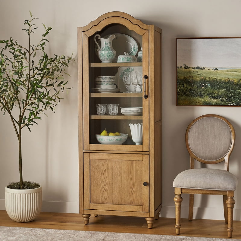 Farmhouse Dining Hutch Cabinet with Tempered Glass - Rustic Brown