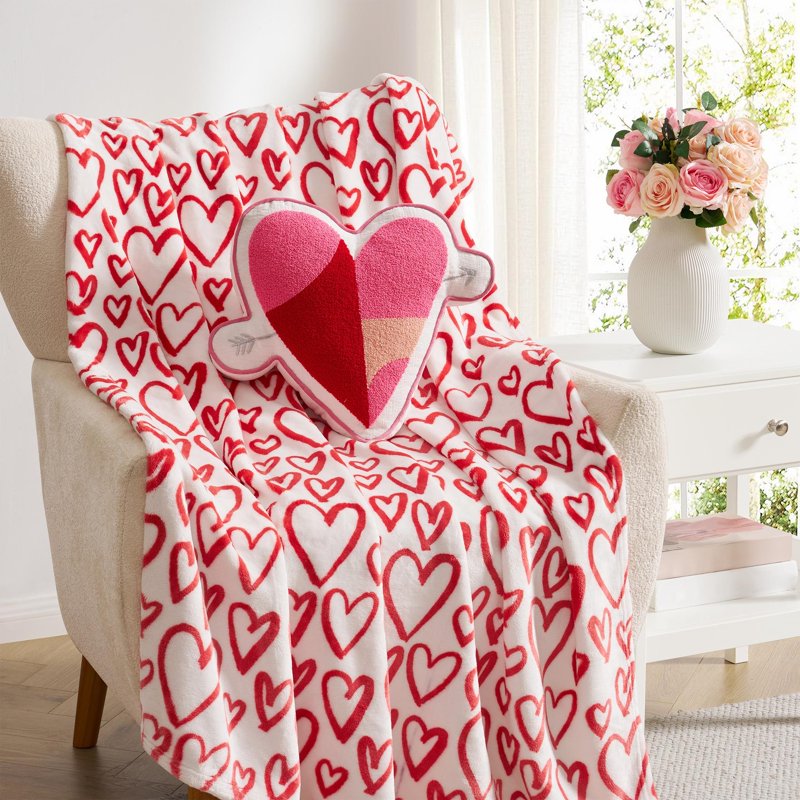 Heart-Shaped Valentine's Day Decorative Pillow - Tied with Love Chenille, Multicolor, 16 x 14 inches - Pink & Red Embroidery, Silver Accents, Variation of Love Shape