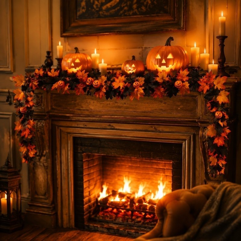 Halloween Artificial Maple Leaf Garland - Black F, 79-Inch Fall Decor with Pumpkins & Spiders