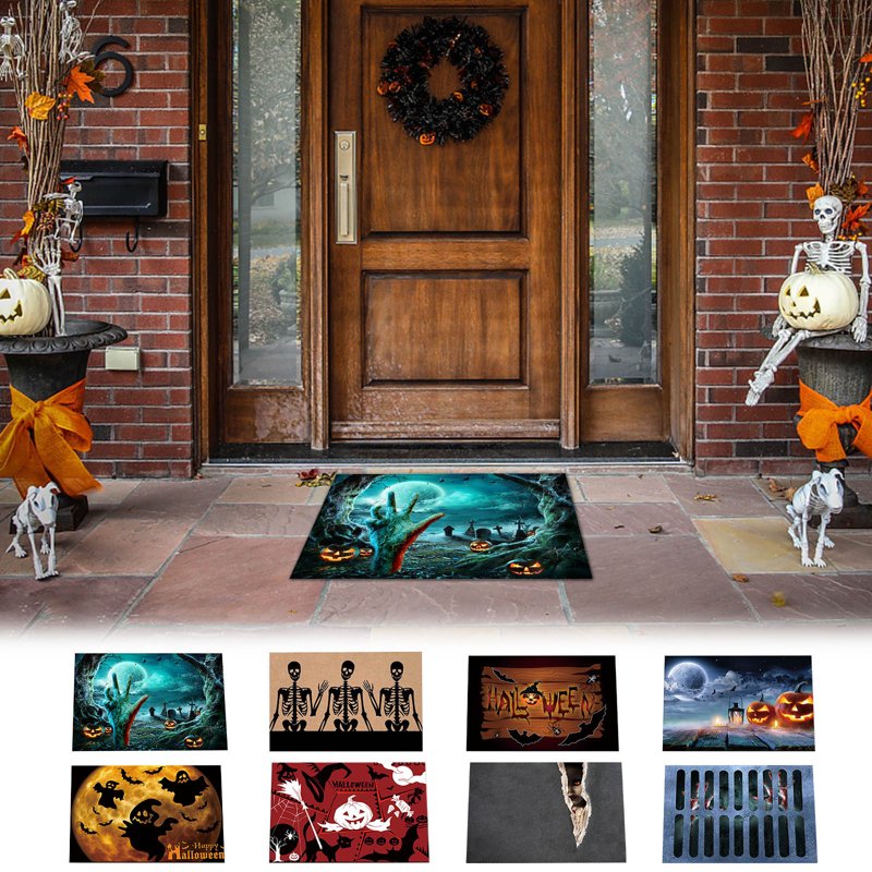 Halloween Door Mat with Skull and Blood Print - Terrifying Front Door Decor - Variation C