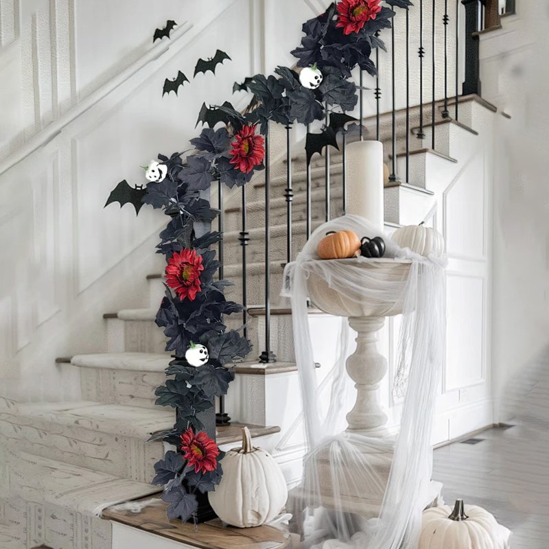 Halloween Garland Decor with Black Wreath - 68.9in Seasonal Wall Decor - Variation B